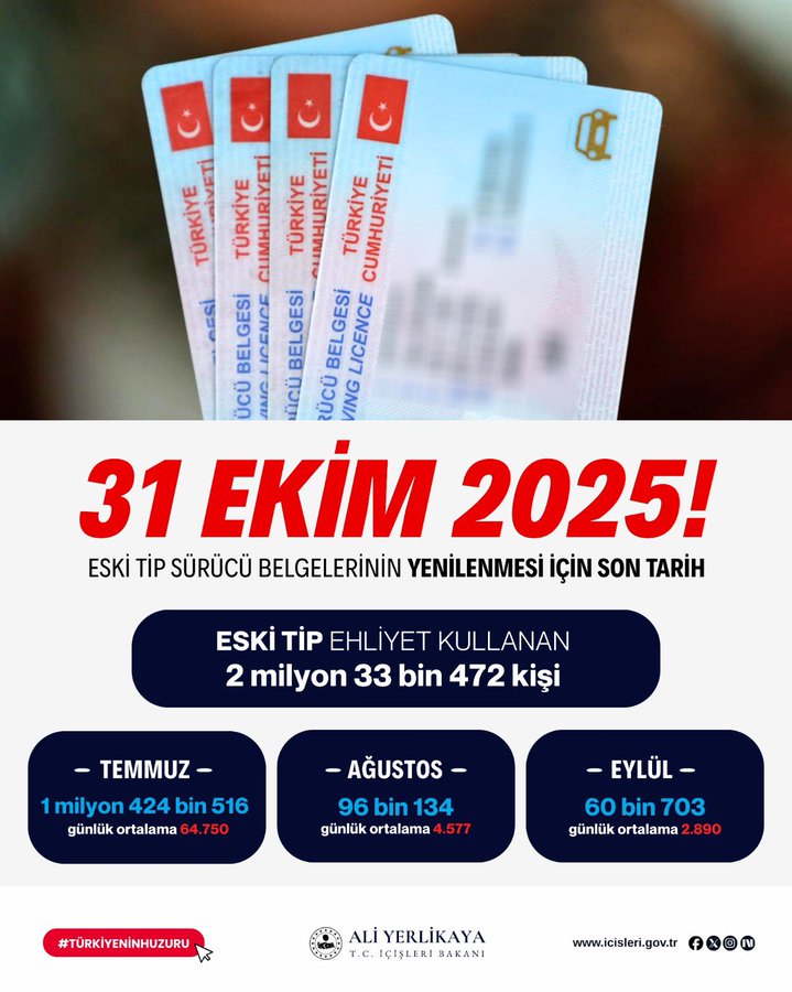 Eski Tip Sürücü Belgelerinin Yenilenmesi İçin Son Tarih 31 Ekim 2025